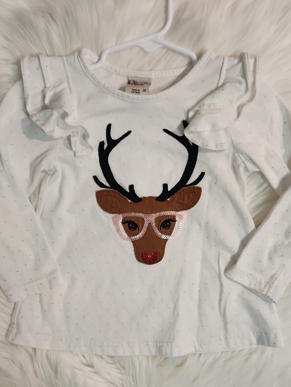 White Girls' Reindeer Appliqué Top  Ruffle - Brand: Adventure Wear -